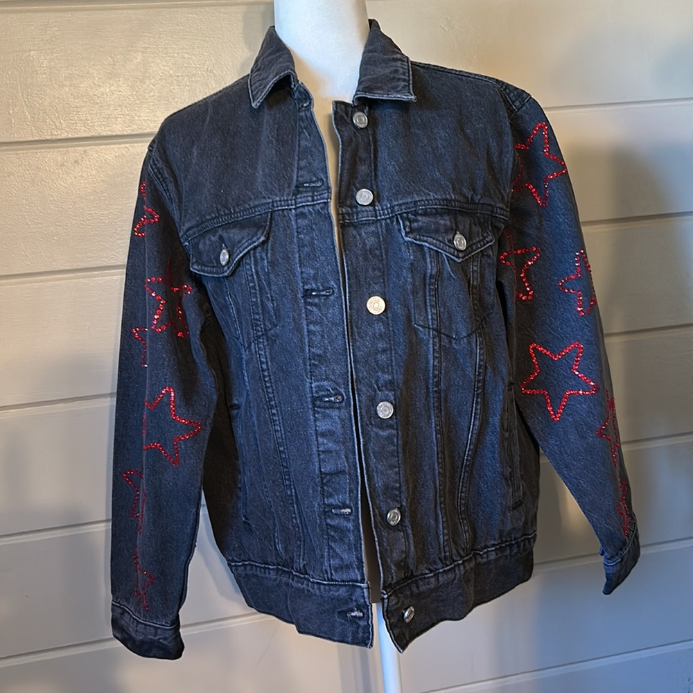 Custom Hand-Embellished Oversized Washed Black Denim Jacket Size 4